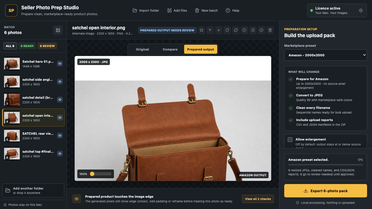 Seller Photo Prep prepared output preview with product image checks and export controls.