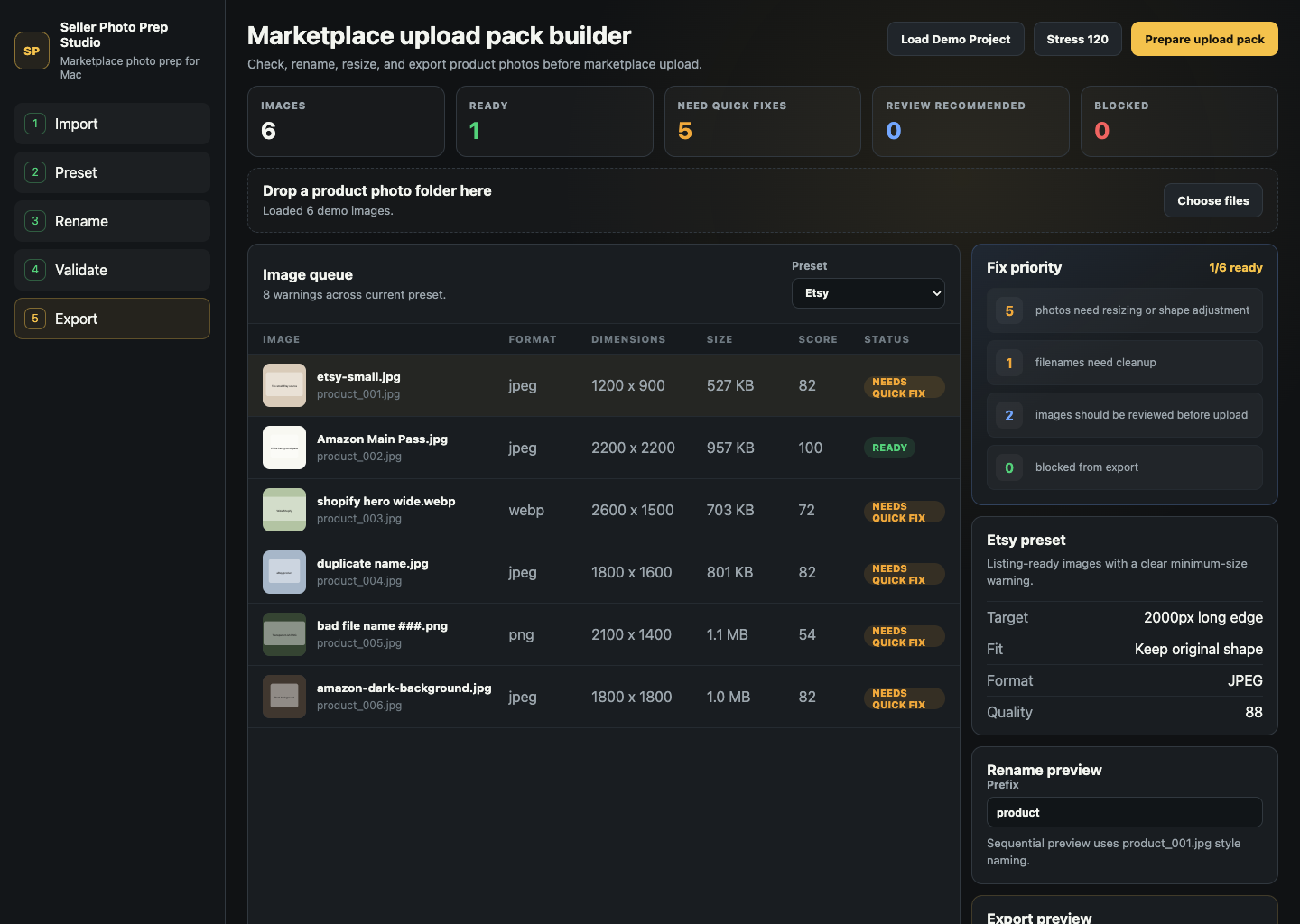 Seller Photo Prep Studio showing a product photo queue, fix priority summary, and export preview.