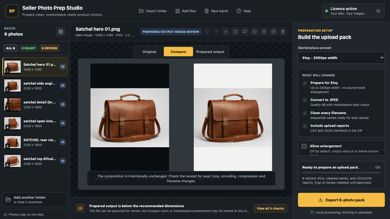 Seller Photo Prep Studio original image review with a size warning and Etsy export settings.