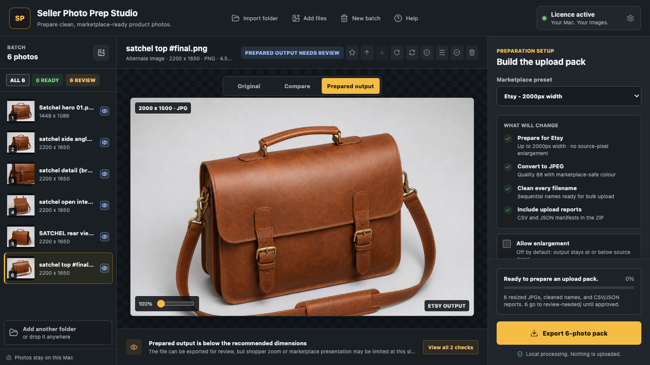Seller Photo Prep Studio showing six imported photos, a prepared output preview, marketplace settings, warnings, and an export action.